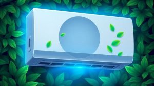 Moderne, umweltfreundliche Klimaanlage mit grünen Akzenten.