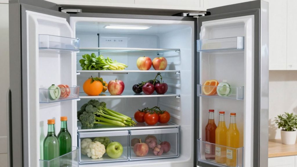 Kühlschrank mit frischen Lebensmitteln und sauberem Innenraum.