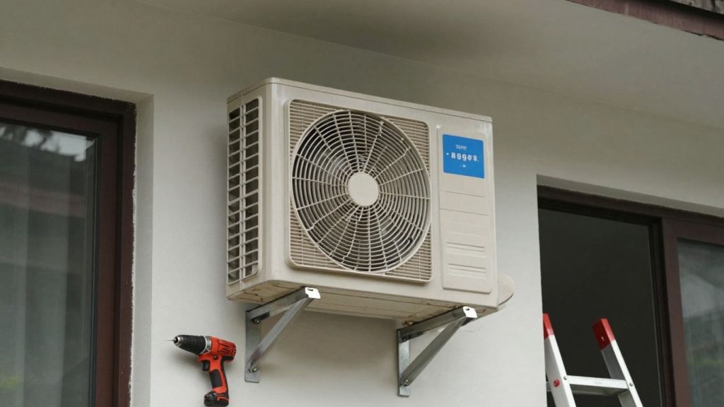 Monteur installiert Klimaanlage an Hauswand