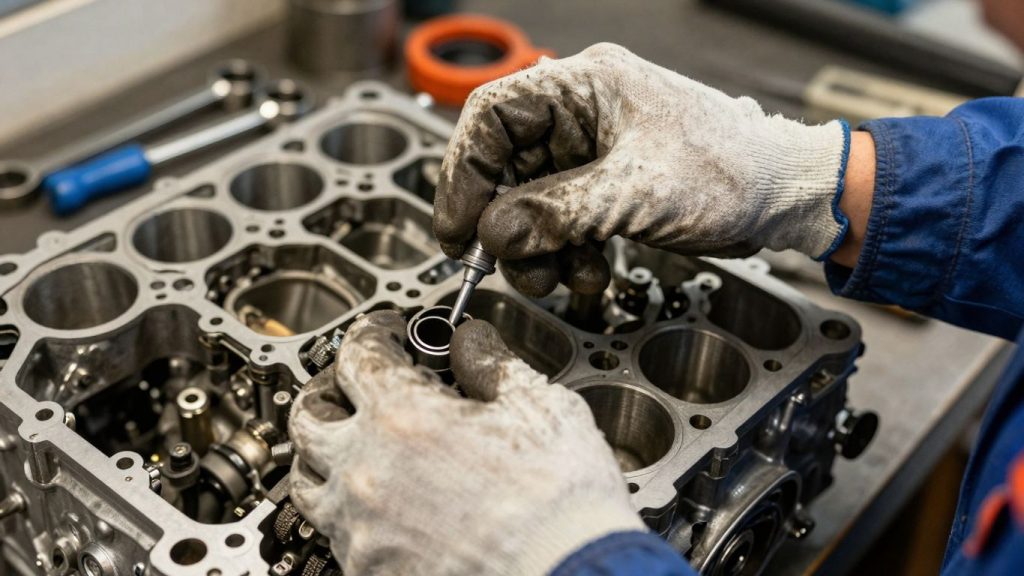 Mechanikerhände reparieren einen Motor mit Werkzeugen.