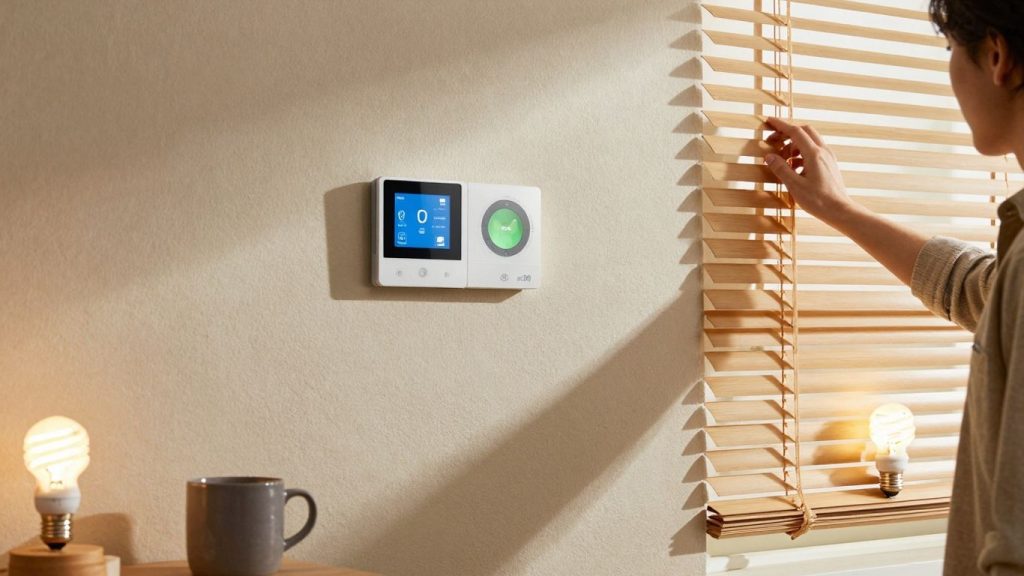Haus mit Energiesparlampen und Thermostat