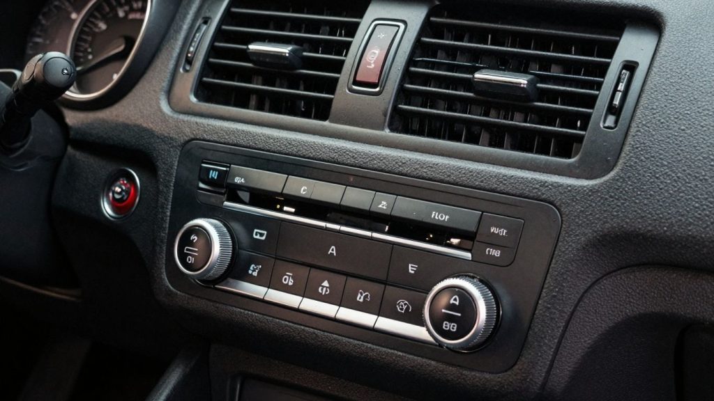 Klimaanlage im Auto mit Kondenswasser an Lüftungsschlitzen.