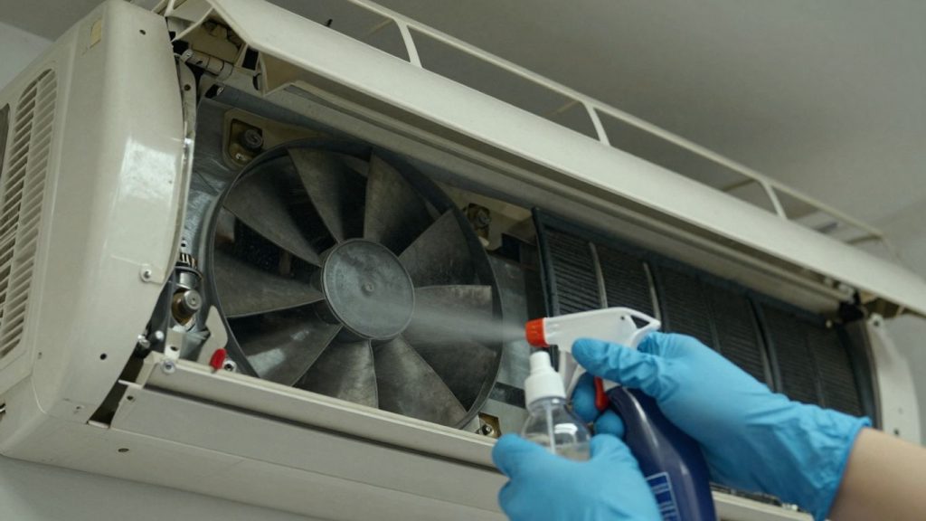 Reinigung einer Split-Klimaanlage mit Handschuhen und Sprühflasche.
