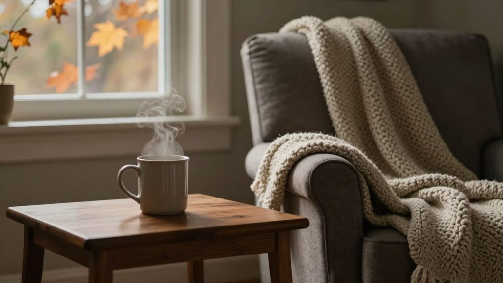 Gemütliches Wohnzimmer mit Herbstlaub vor dem Fenster.