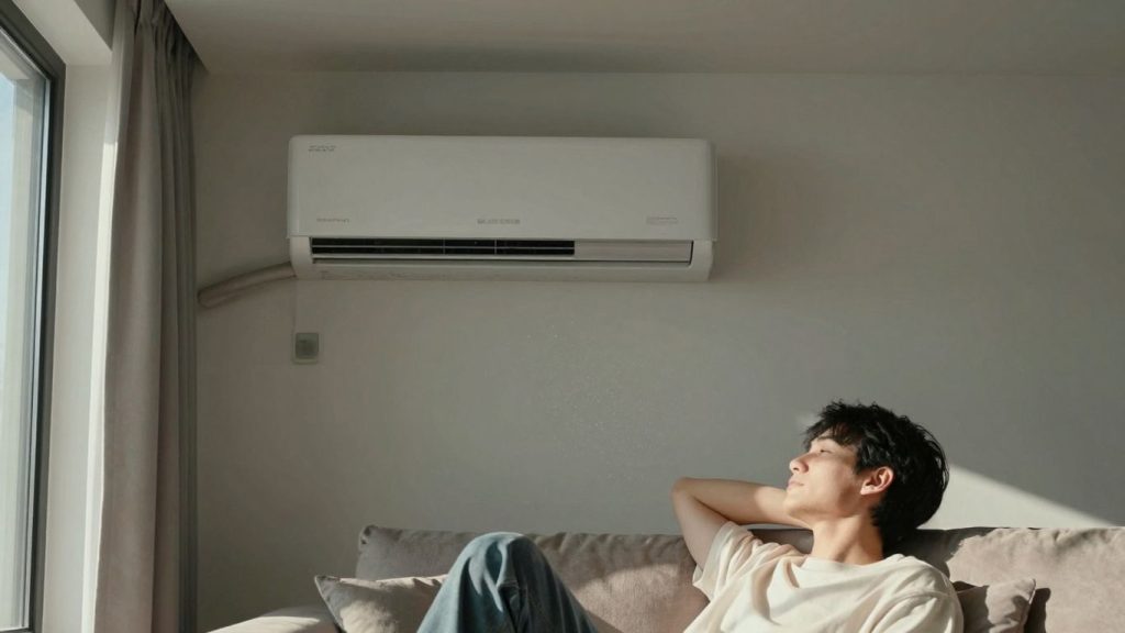 Klimaanlage im Wohnzimmer mit gesunder Person auf Sofa.