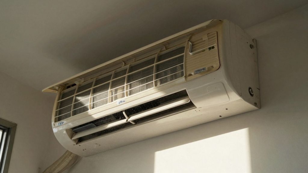 Klimaanlage mit Kühlrippen und Sonnenlicht