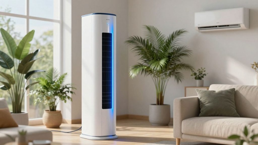 Klimagerät in einem hellen Wohnzimmer mit Pflanzen